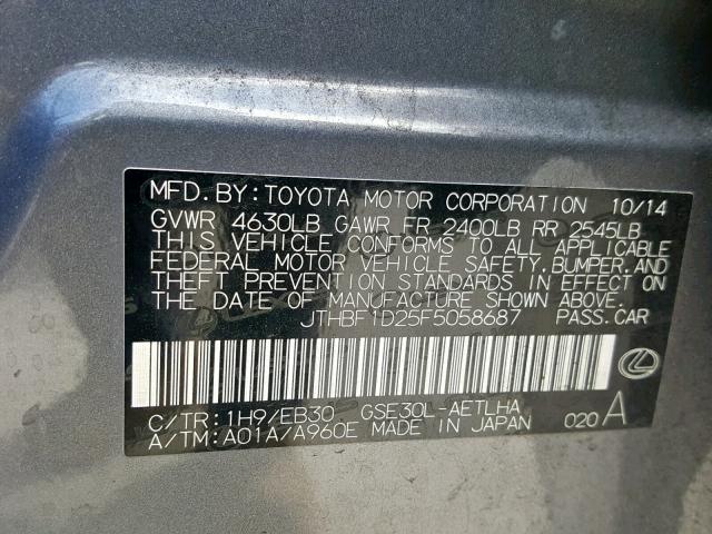 JTHBF1D25F5058687 - 2015 LEXUS IS 250 GRAY photo 10