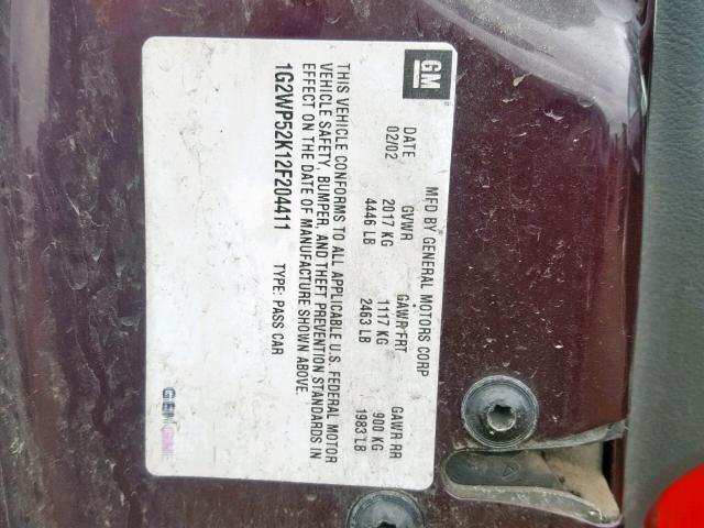 1G2WP52K12F204411 - 2002 PONTIAC GRAND PRIX MAROON photo 10