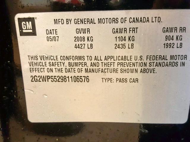 2G2WP552981106576 - 2008 PONTIAC GRAND PRIX BLACK photo 10