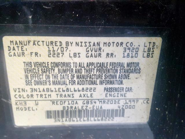 3N1AB61E68L668222 - 2008 NISSAN SENTRA 2.0 BLACK photo 10