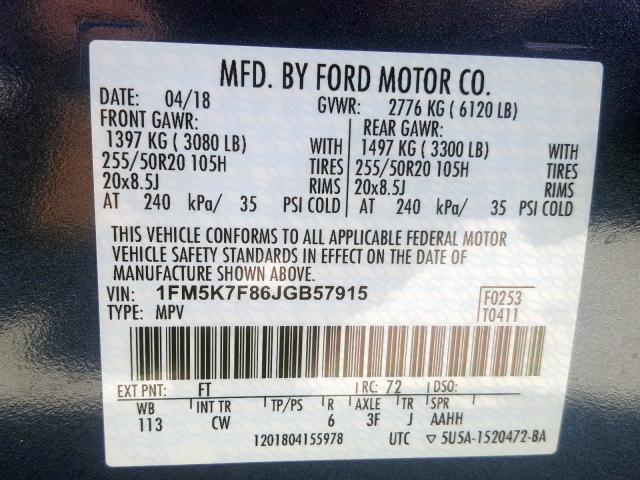 1FM5K7F86JGB57915 - 2018 FORD EXPLORER LIMITED  photo 10