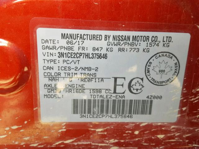 3N1CE2CP7HL375646 - 2017 NISSAN VERSA NOTE RED photo 10