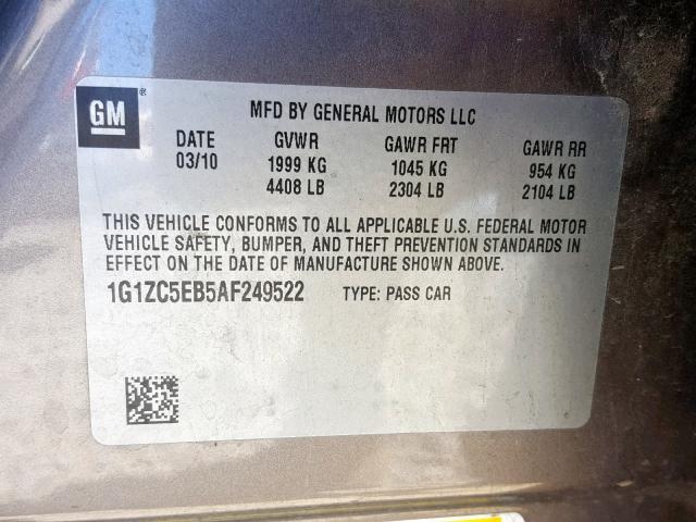 1G1ZC5EB5AF249522 - 2010 CHEVROLET MALIBU 1LT 石墨色 照片 10