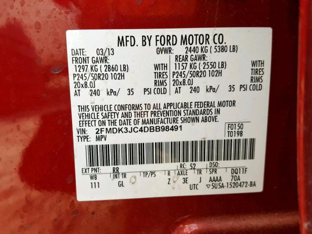 2FMDK3JC4DBB98491 - 2013 FORD EDGE SEL RED photo 10