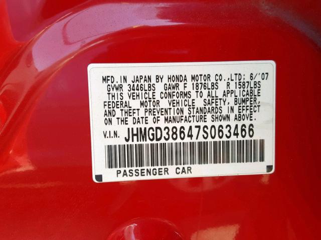 JHMGD38647S063466 - 2007 HONDA FIT S RED photo 10