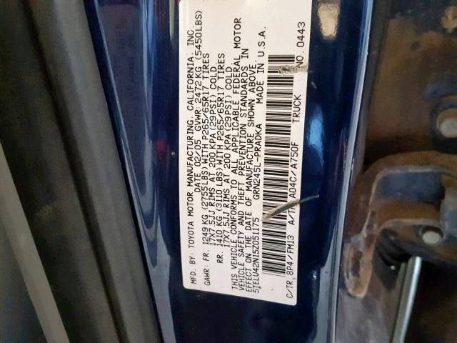 5TELU42N15Z051175 - 2005 TOYOTA TACOMA DOU BLUE photo 10