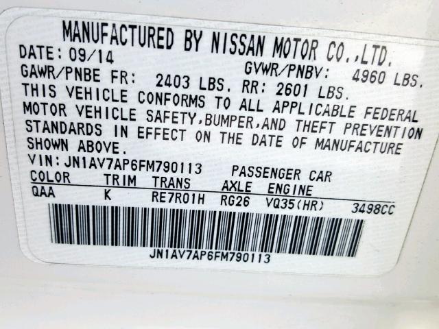 JN1AV7AP6FM790113 - 2015 INFINITI Q50 HYBRID WHITE photo 10