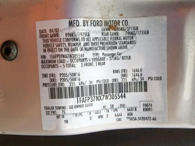 1FAFP37NX7W305544 - 2007 FORD FOCUS ZX5 SILVER photo 10