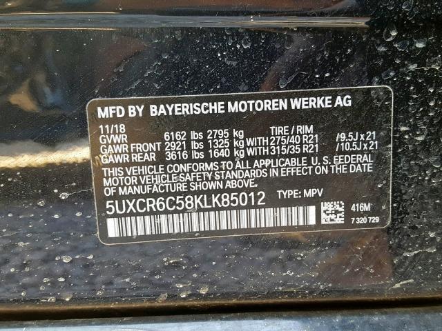5UXCR6C58KLK85012 - 2019 BMW X5 XDRIVE4 BLACK photo 10