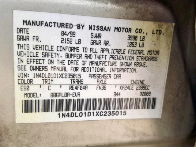 1N4DL01D1XC235015 - 1999 NISSAN ALTIMA XE GOLD photo 10