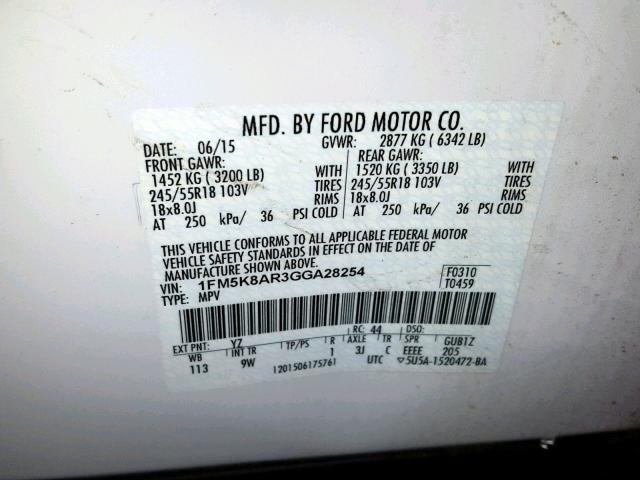 1FM5K8AR3GGA28254 - 2016 FORD EXPLORER P WHITE photo 10