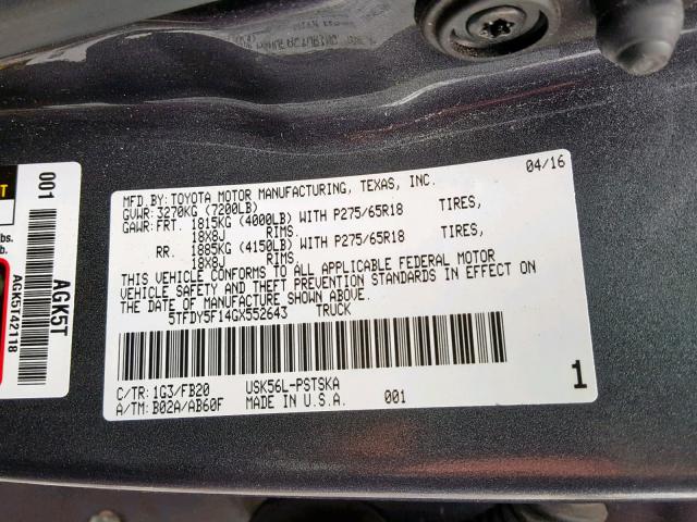 5TFDY5F14GX552643 - 2016 TOYOTA TUNDRA CRE GRAY photo 10