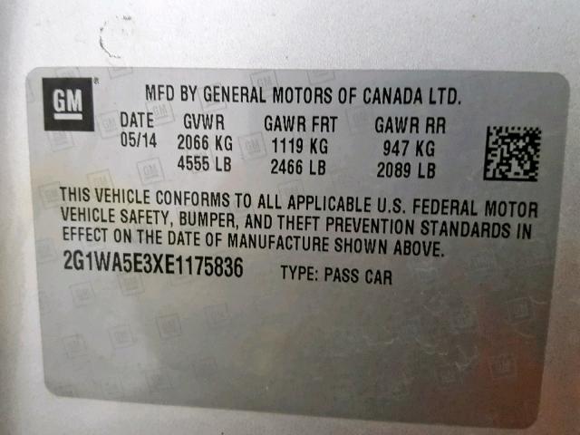 2G1WA5E3XE1175836 - 2014 CHEVROLET IMPALA LIM SILVER photo 10