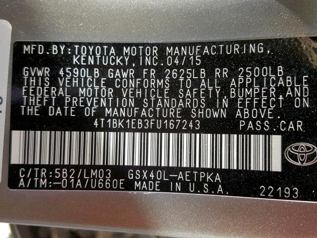 4T1BK1EB3FU167243 - 2015 TOYOTA AVALON XLE BEIGE photo 10