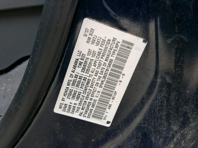 5FNRL38297B134068 - 2007 HONDA ODYSSEY LX BLUE photo 10