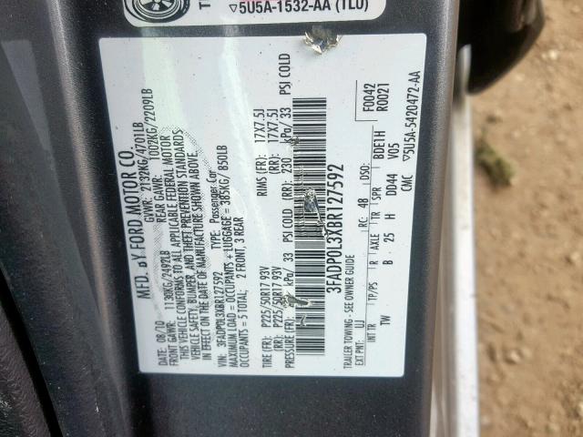 3FADP0L3XBR127592 - 2011 FORD FUSION HYB GRAY photo 10