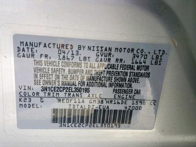 3N1CE2CP2EL350195 - 2014 NISSAN VERSA NOTE SILVER photo 10