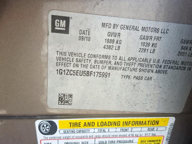 1G1ZC5EU5BF175991 - 2011 CHEVROLET MALIBU 1LT BROWN photo 10