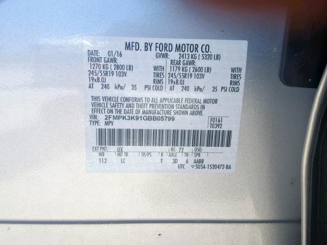 2FMPK3K91GBB05799 - 2016 FORD EDGE TITAN GRAY photo 10