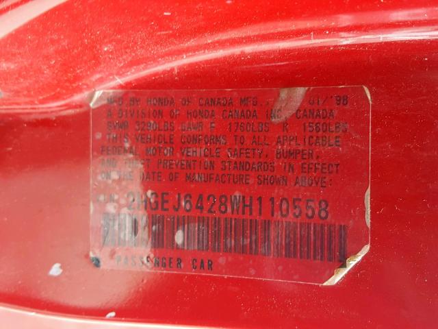 2HGEJ6428WH110558 - 1998 HONDA CIVIC CX RED photo 10