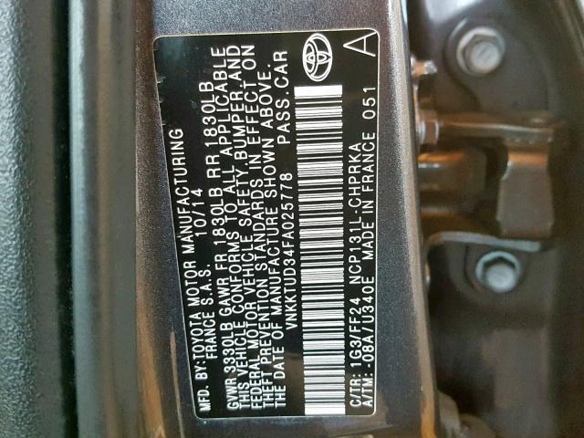 VNKKTUD34FA025778 - 2015 TOYOTA YARIS GRAY photo 10