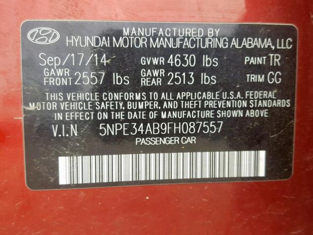 5NPE34AB9FH087557 - 2015 HYUNDAI SONATA SPO RED photo 10