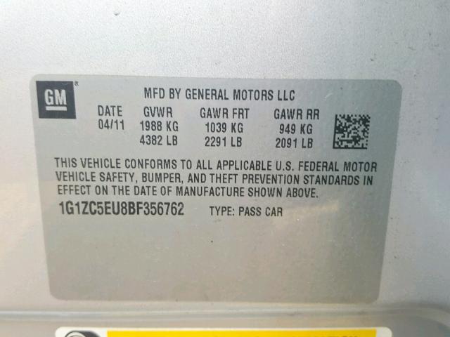 1G1ZC5EU8BF356762 - 2011 CHEVROLET MALIBU 1LT 银色 照片 10