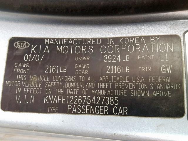 KNAFE122675427385 - 2007 KIA SPECTRA EX SILVER photo 10