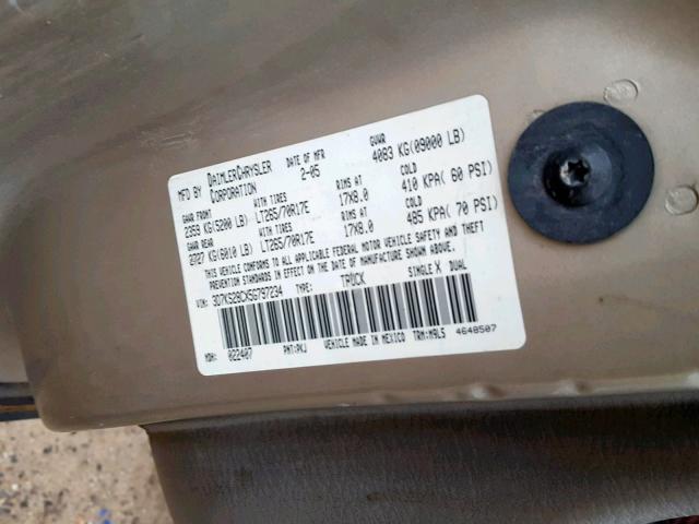 3D7KS28CX5G797234 - 2005 DODGE RAM 2500 S ბეჟი ფოტო 10