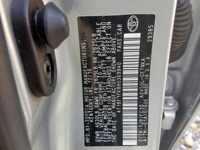 4T1BF1FK8HU369940 - 2017 TOYOTA CAMRY LE 银色 照片 10