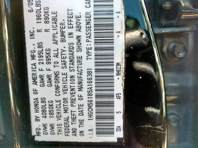 1HGCM56185A166381 - 2005 HONDA ACCORD DX BLACK photo 10