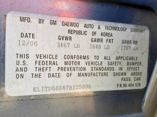 KL1TD56687B125098 - 2007 CHEVROLET AVEO BASE ლურჯი ფოტო 10