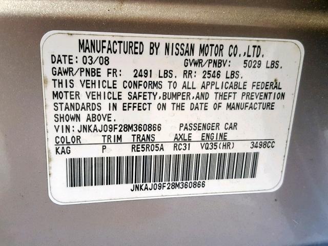 JNKAJ09F28M360866 - 2008 INFINITI EX35 BASE CREAM photo 10