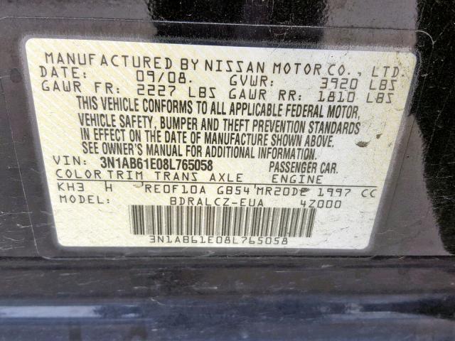 3N1AB61E08L765058 - 2008 NISSAN SENTRA 2.0 BLACK photo 10