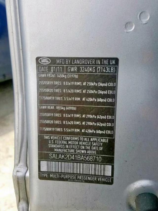 SALAK2D41BA568710 - 2011 LAND ROVER LR4 HSE LU SILVER photo 10