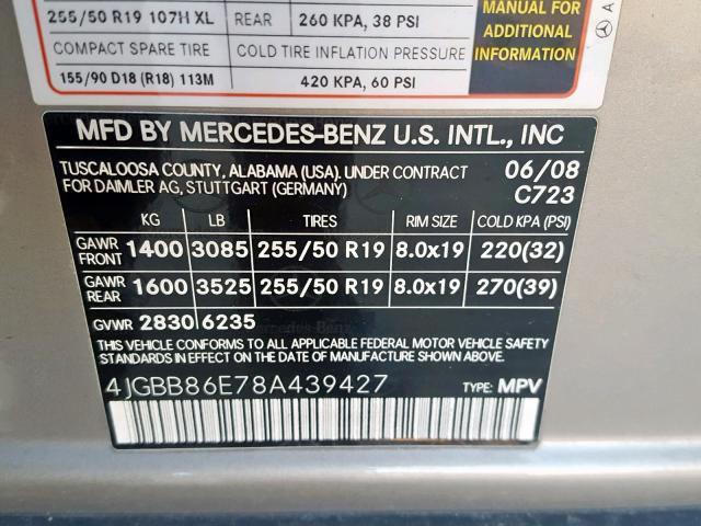 4JGBB86E78A439427 - 2008 MERCEDES-BENZ ML 350 GRAY photo 10