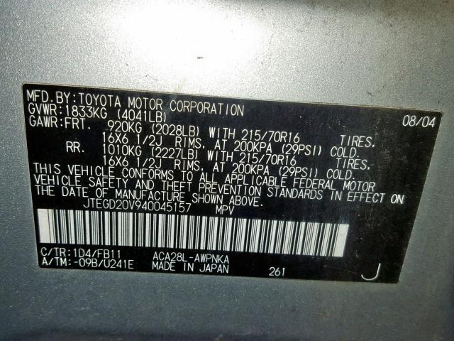 JTEGD20V940045157 - 2004 TOYOTA RAV4 SILVER photo 10