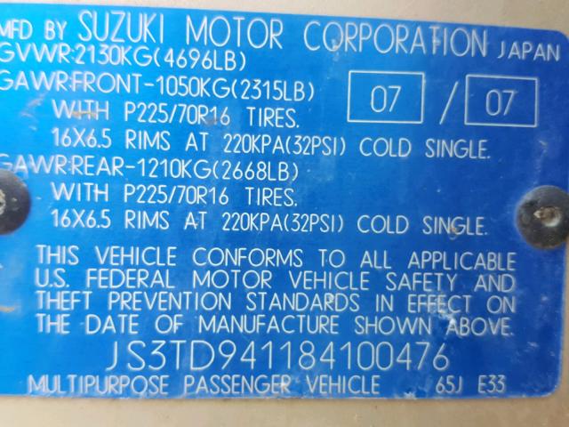 JS3TD941184100476 - 2008 SUZUKI GRAND VITA GOLD photo 10