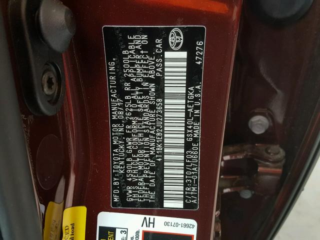 4T1BK1EB2JU273658 - 2018 TOYOTA AVALON XLE MAROON photo 10