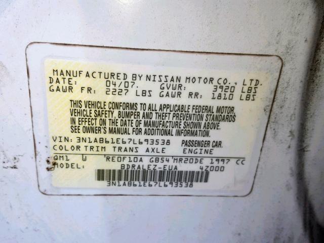 3N1AB61E67L693538 - 2007 NISSAN SENTRA 2.0 WHITE photo 10