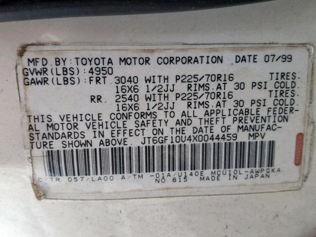 JT6GF10U4X0044459 - 1999 LEXUS RX 300 WHITE photo 10