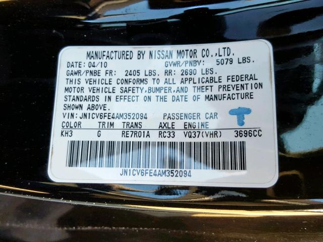 JN1CV6FE4AM352094 - 2010 INFINITI G37 BASE BLACK photo 10