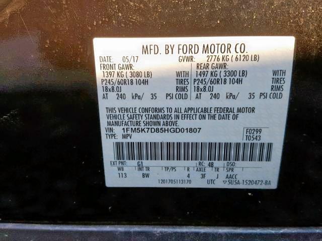 1FM5K7D85HGD01807 - 2017 FORD EXPLORER X BLACK photo 10