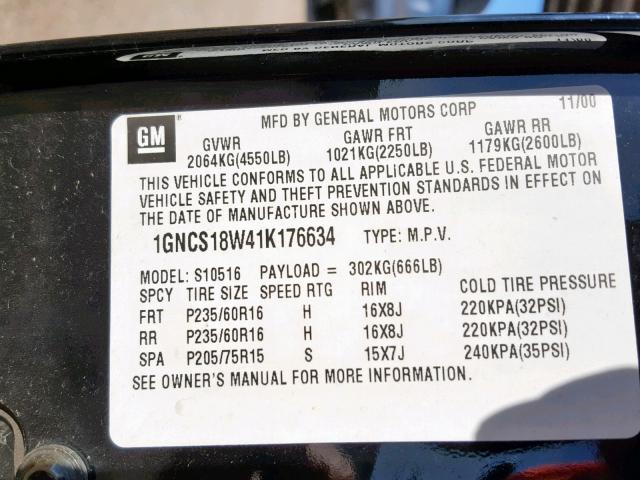 1GNCS18W41K176634 - 2001 CHEVROLET BLAZER BLACK photo 10