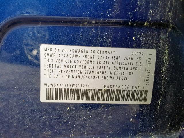 WVWDA71K58W031230 - 2008 VOLKSWAGEN RABBIT BLUE photo 10