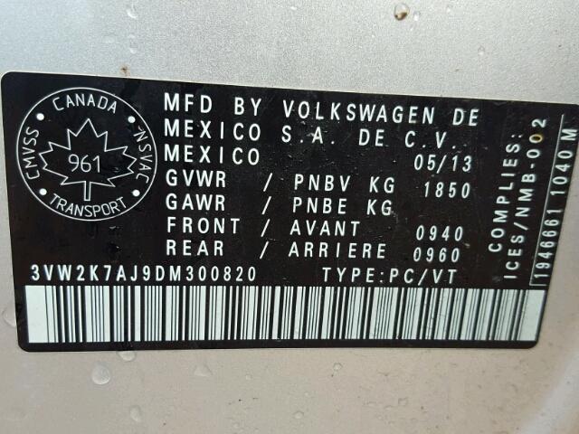 3VW2K7AJ9DM300820 - 2013 VOLKSWAGEN JETTA BASE SILVER photo 10