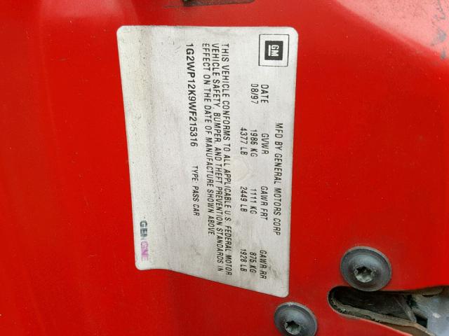 1G2WP12K9WF215316 - 1998 PONTIAC GRAND PRIX 红色 照片 10