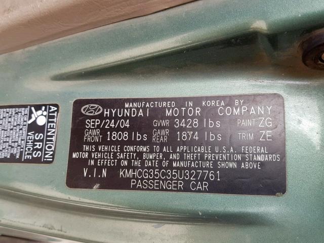 KMHCG35C35U327761 - 2005 HYUNDAI ACCENT GS GREEN photo 10