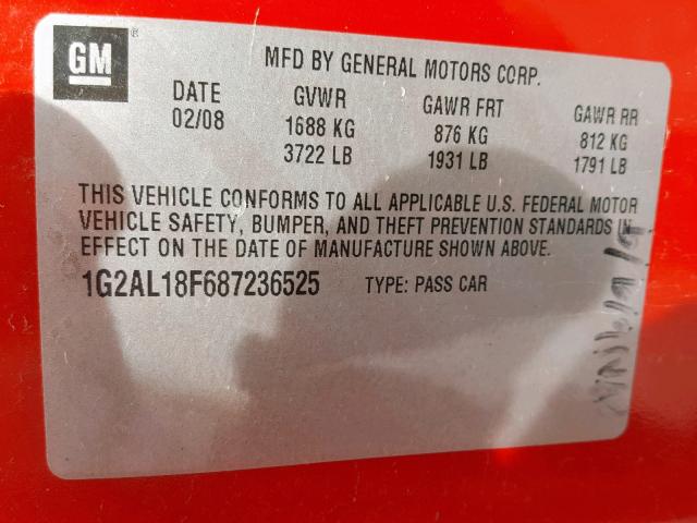 1G2AL18F687236525 - 2008 PONTIAC G5 RED photo 10