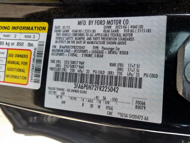 3FA6P0H72FR225042 - 2015 FORD FUSION SE  photo 10